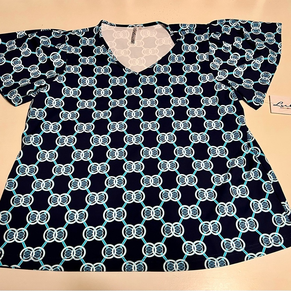 Lulu-B UPF 50+ Cooling Fabric V-Neck Top Navy Chain Link Print Size Large NWT lg